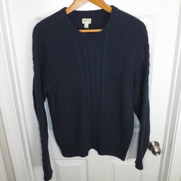 J Crew Sweater Mens Large Navy Blue Cable Knit Fisherman Grandpa Preppy Chunky - Picture 1 of 4